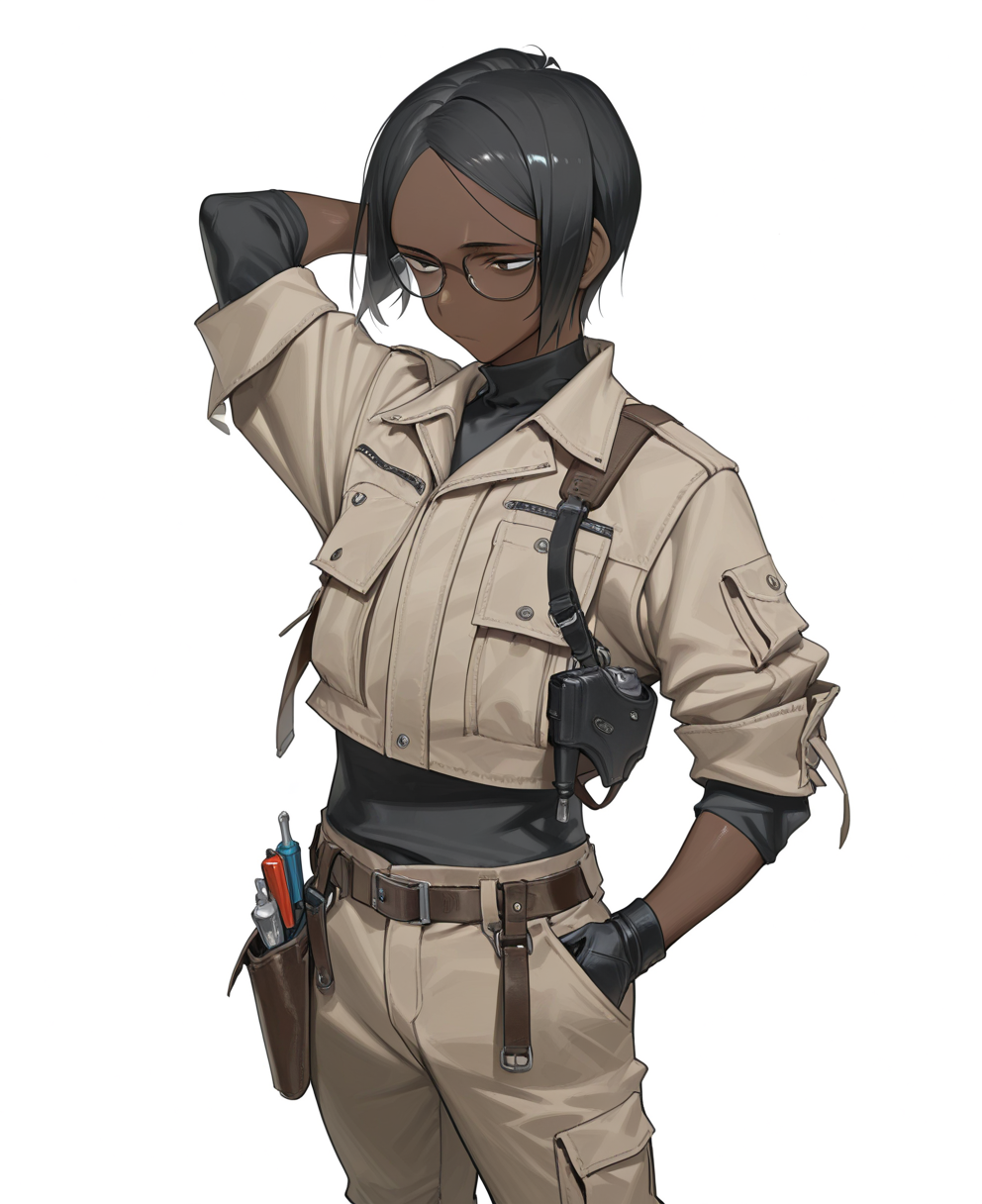 <lora:amrkdrw:1> amrkdrw,
(masterpiece), (best quality), (ultra-detailed), amazing quality, very aesthetic, illustration, perfect composition, intricate details, absurdres, incredibly absurdres, shiny skin, realistic,
 amrkdrw, 1boy, solo, male focus, glasses, black hair, white background, simple background, pants, dark skin, skinned male, shirt, hand in pocket, belt, holster, turtleneck, undershirt, black shirt, closed mouth, framed eyewear, short hair, screwdriver, pocket, arm behind head, brown pants, black gloves, gloves, layered sleeves, pen, jacket, short sleeves, general