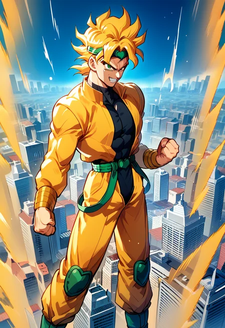 <lora:superSaiyanAura_PDXL_Mlaofmd-10:1.0>, <lora:DioBrando_pdxl_Incrs_v1:1.0>, score_9, score_8_up, score_7_up, score_6_up, source_anime, 1boy, dioBrando, yellow hair, floating hair, headband, yellow jacket, sleeveless turtleneck leotard, yellow pants, knee pads, pointy footwear, solo, detailed eyes, green eyes, clenched hands, supersaiyanaura, power, aura, sharp aura, yellow aura, fight stance, floating, looking at viewer, evil grin, city, apocalypse, city background, night,
