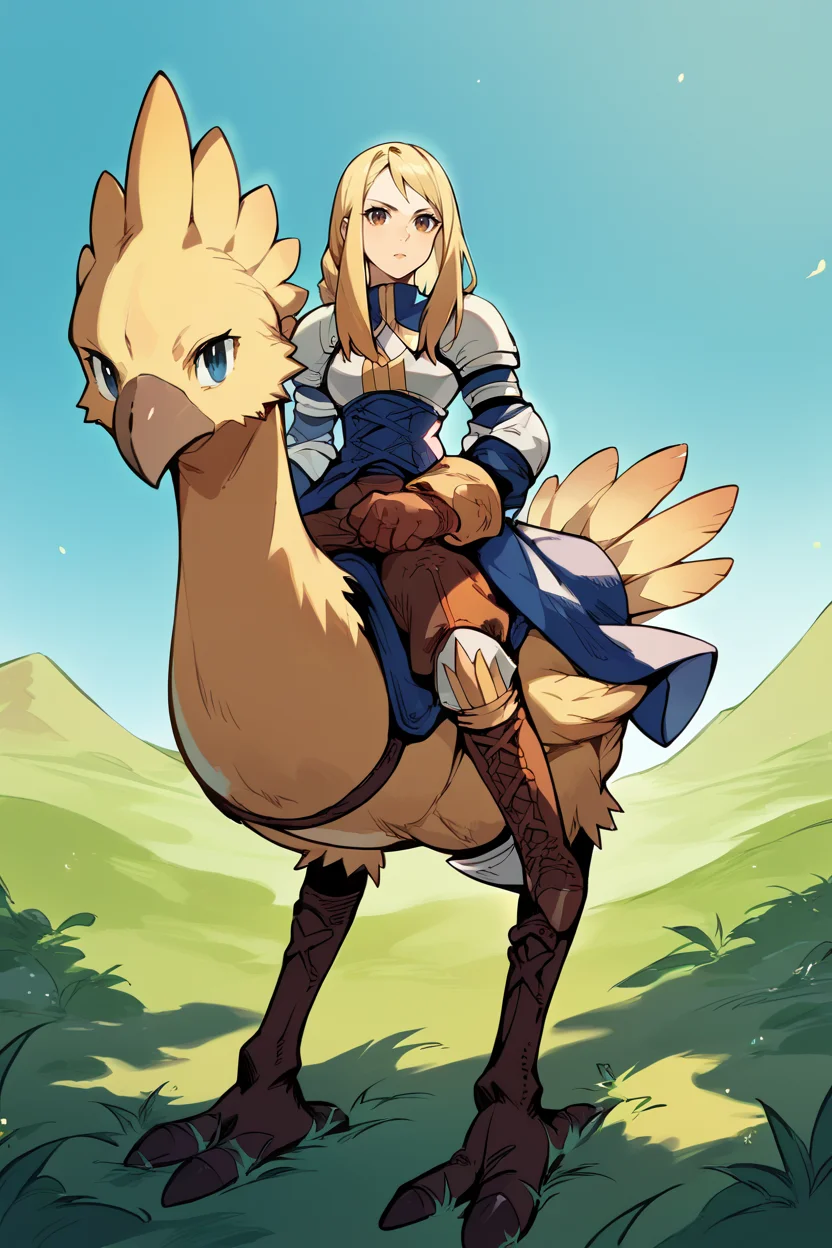 score_9, score_8_up, score_7_up, score_6_up, source_anime, 1girl, solo BREAK <lora:agrias-pdxl-nvwls-v1-000005:0.9> agrias, blonde hair, brown eyes, braided ponytail, shoulder armor, armor, corset, brown pants, brown gloves, knee pads, boots <lora:chocobo-pdxl-nvwls-v1-000004:1> a girl riding a chocobo, riding, field, blue sky, looking at you