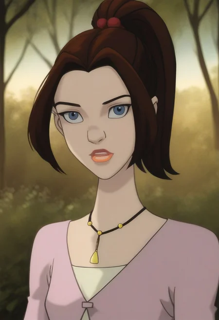 score_9, score_8_up, score_7_up, realistic photo of ktprd, 18-year-old 1girl, unique angle, unique framing, upper body, face focus, (looking at viewer), parted lips, 1girl, brown hair, high ponytail, orange lips, blue eyes, cord necklace, pink one-button cardigan, cream t-shirt, by loish, masterpiece, lips parted, slim figure, petite, (outdoors, park, blurred background, shadowed background), side lighting, warm lights, uncensored,