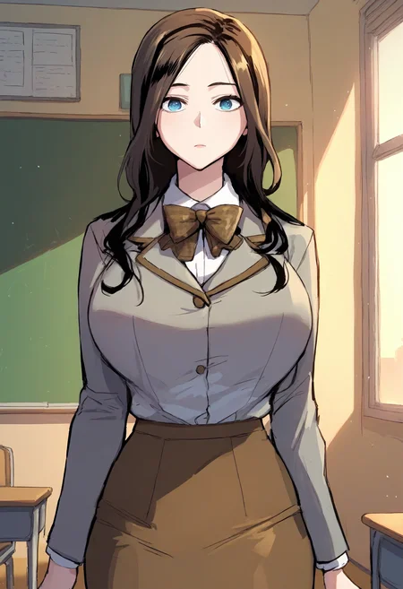 score_9, score_8_up, score_7_up, score_6_up, source_anime, rating_explicit, 1girl, solo, (huge breasts:1.1), <lora:Shin Yuna prefectPonyxl:0.85> long hair, blue eyes, brown hair, black hair, school uniform, plaid bowtie, brown bowtie, grey jacket, collared shirt, white shirt, long sleeves, brown skirt, pencil skirt, black pantyhose, expressionless, classroom, indoors, looking at viewer, close-up