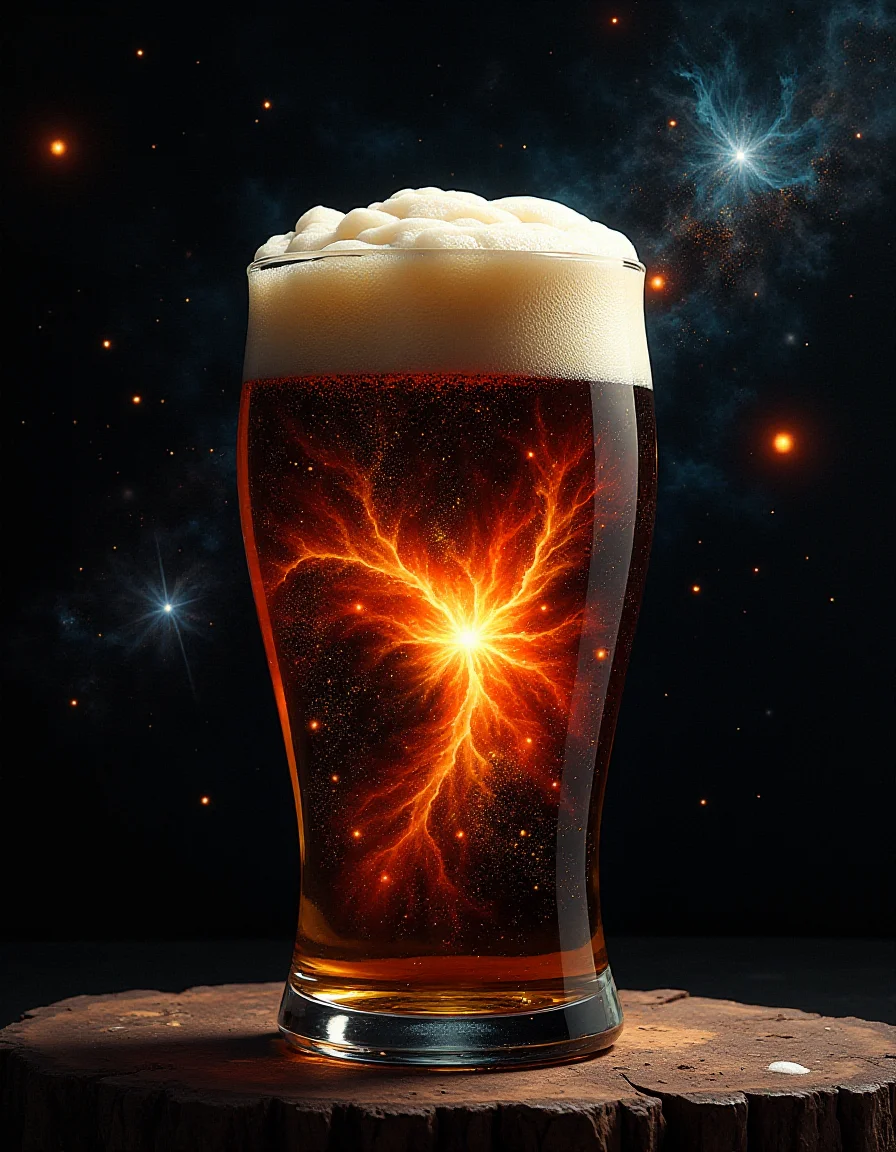 a painting of a star cluster in the sky with a lot of stars in the center of the image, Anato Finnstark, cosmic horror, an airbrush painting, space art, cosmic clouds, galaxies, black holes, stars, the star cluster and cosmic clouds form a beer glass with this inside: Kentucky Common: Amber-orange to brown. Typically clear, but may have some light haze. Foam stand may not be long lasting, Pint glass, nonic pint glass, or shaker pint glass. , that looks into the image, highly detailed, DSLR, raw, Panasonic Lumix GH4, f1.2, 50mm, cinematic lighting <lora:fluxenhancer:1>, black, white, red color-scheme,