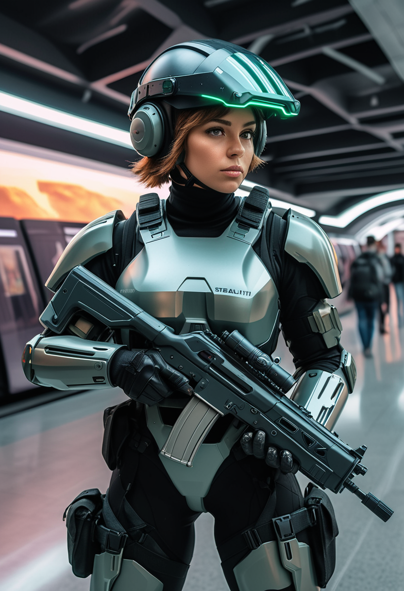 (medium full shot) of (stealthy futuristic soldier) young woman, busty build, short hazel hair, russian, tan skin, green eyes, wearing a lightweight helmet with augmented reality visor, Nano-fiber steel grey exo-suit upper body armor with modular armor plating, armored combat trousers, combat boots, (wielding a  plasma rifle), equipped with a tactical backpack night vision goggles, set in  Transportation Hub, Dynamic area with elevated maglev train tracks crisscrossing above, autonomous vehicles navigating bustling streets below, futuristic stations with sleek platforms, commuters streaming in and out of transport pods, holographic signs displaying departure times and routes , at sunset, ,Masterpiece,best quality, raw photo, realistic, very aesthetic