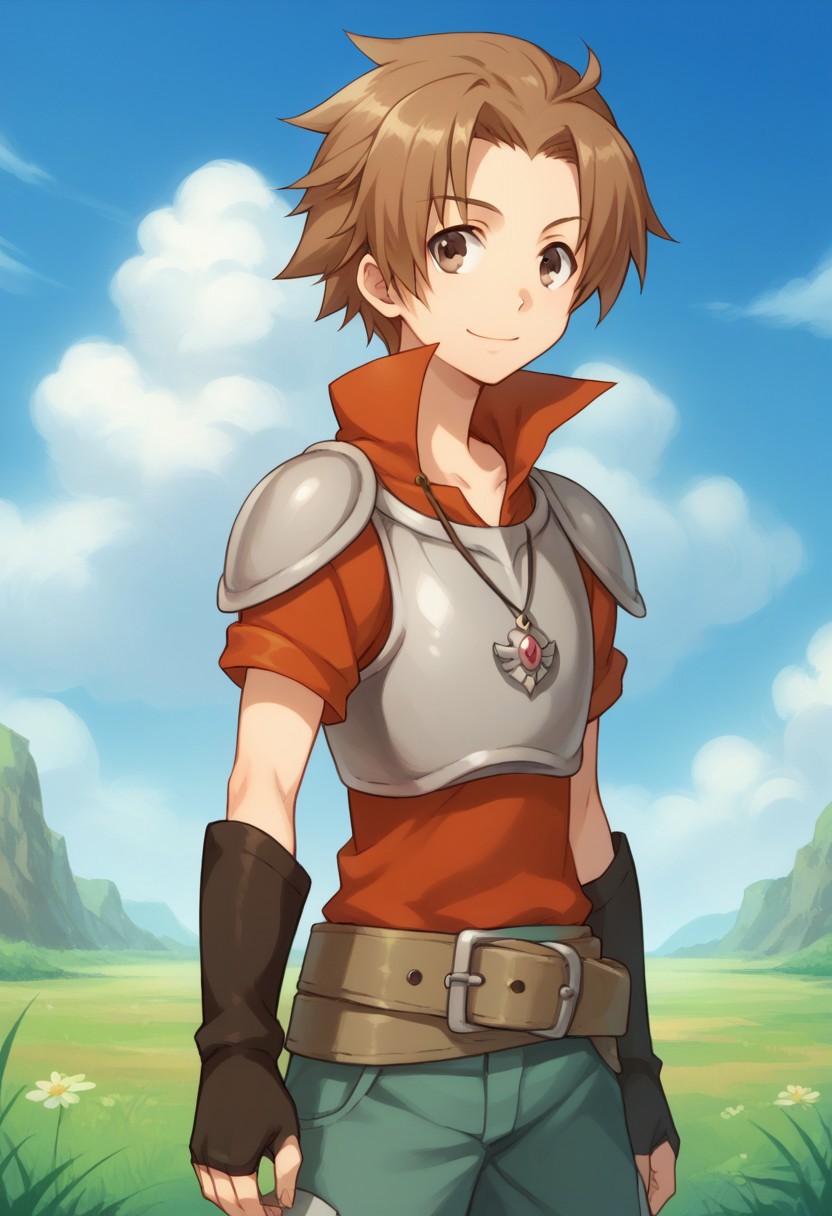 score_9, score_8_up, score_7_up, source_anime, highly detailed, 
albafru, 1boy, solo, male focus, brown hair, brown eyes, armor, shorts, belt, jewelry, smile, upper body,
outdoor, sky, clouds,