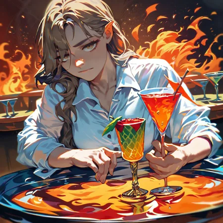 score_9, score_8_up, score_7_up, (bartender girl:1.3), (wiggling little fire elemental in the cocktail glass:1.7), high resolution, best quality, (light brown skin and white shirts:1.3), low light, amazing painting masterpiece