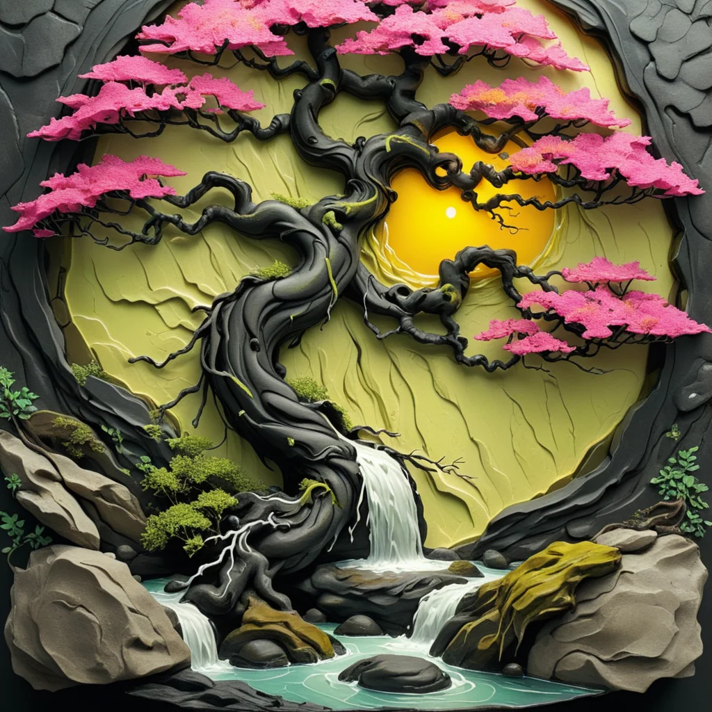 <lora:artfullyTREETTREET_SDXL_V1:1>,arttrttrt, no humans, waterfall, imaginary landscape, bonsai landscape, trunk is detailed, trunk is hot pink, black ,and quartz, leaves are chartreus, sun is yellow, in the style of carved relief, embossing, encaustic, papercraft