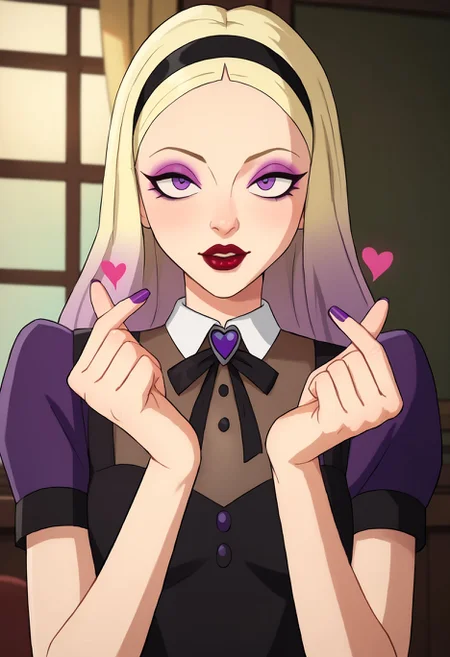 score_9, score_8_up, score_7_up, score_6_up BREAK, finger heart, heart, in love, 1girl, blonde hair, black hairband, nose, makeup, red lips, purple eyes, long hair, dress, gradient hair, puffy short sleeves,mal1c3-dh <lora:add-detail-xl:0.5> <lora:Malice_-_Kite_Man:0.7>  <lora:finger_heart_korean:1>