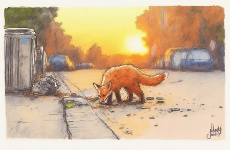 Sharp image of a rough sketch, rendered in vibrant multi colour ballpoint pen, capturing the adorable features of a red fox standing on a street at sunset. The fox is facing towards the right side of the image and appears to be sniffing the ground. The street is covered in trash and debris, and there is a trash can on the left side. The background is blurred, but it seems to be a city street with cars and buildings. The sky is orange and yellow, indicating that it is either sunrise or sunset. p3nsk, <lora:p3nsk:1>