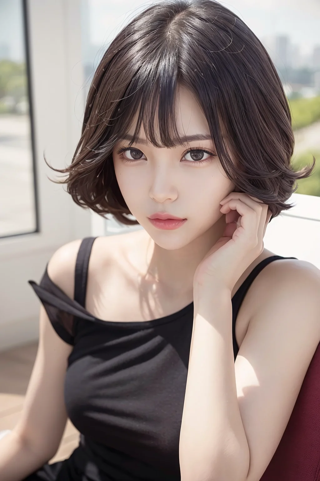 (RAW photo, best quality), (realistic, photo-realistic:1.3), masterpiece, an extremely delicate and beautiful, extremely detailed, CG, unity, 8k, amazing, finely detail, ultra-detailed, highres, absurdres, soft light, (black hair, short hair, curly hair, messy hair, bangs), beautiful detailed girl, detailed fingers, extremely detailed eyes and face, beautiful detailed nose, beautiful detailed eyes, (light on face), looking at viewer, (closed mouth:1.2), 1girl, cute, young, mature face, pale skin, (half body:1.3, sitting), (medium breasts), realistic face, realistic body, beautiful detailed thigh, (ulzzang-6500-v1.1:0.6), <lora:koreanDollLikeness_v15:0.5>, black shirt,  <lora:kaomingStyleLora_kaomingStyleV1:0.6>, (semi smile:1.3),