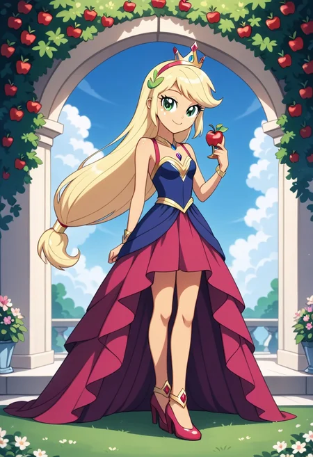 score_9, score_8_up, score_7_up, score_6_up, source_cartoon, rating_safe, My Little Pony Equestria Girls, very young little girl Applejack wearing a fit green|brown|darkpurple|wine|red gradients colors short princess dress, elegant detailed princess shoes, solo, 1girl, little princess girl, gradient golden blond hair with crown hairband, smile, childhood, looking at viewer, glow detailed eyes, garden of canterlot, tul, chiffon, laces, semi realistic cartoon, unreal engine 5,  full body close-up, absurdres, digital art, soft light, perfect hands, perfect, hands, perfection, soft orange skin, green eyes, apples accesories and shoes, jewelery, tres chic,<lora:age_slider_v4:-4>,