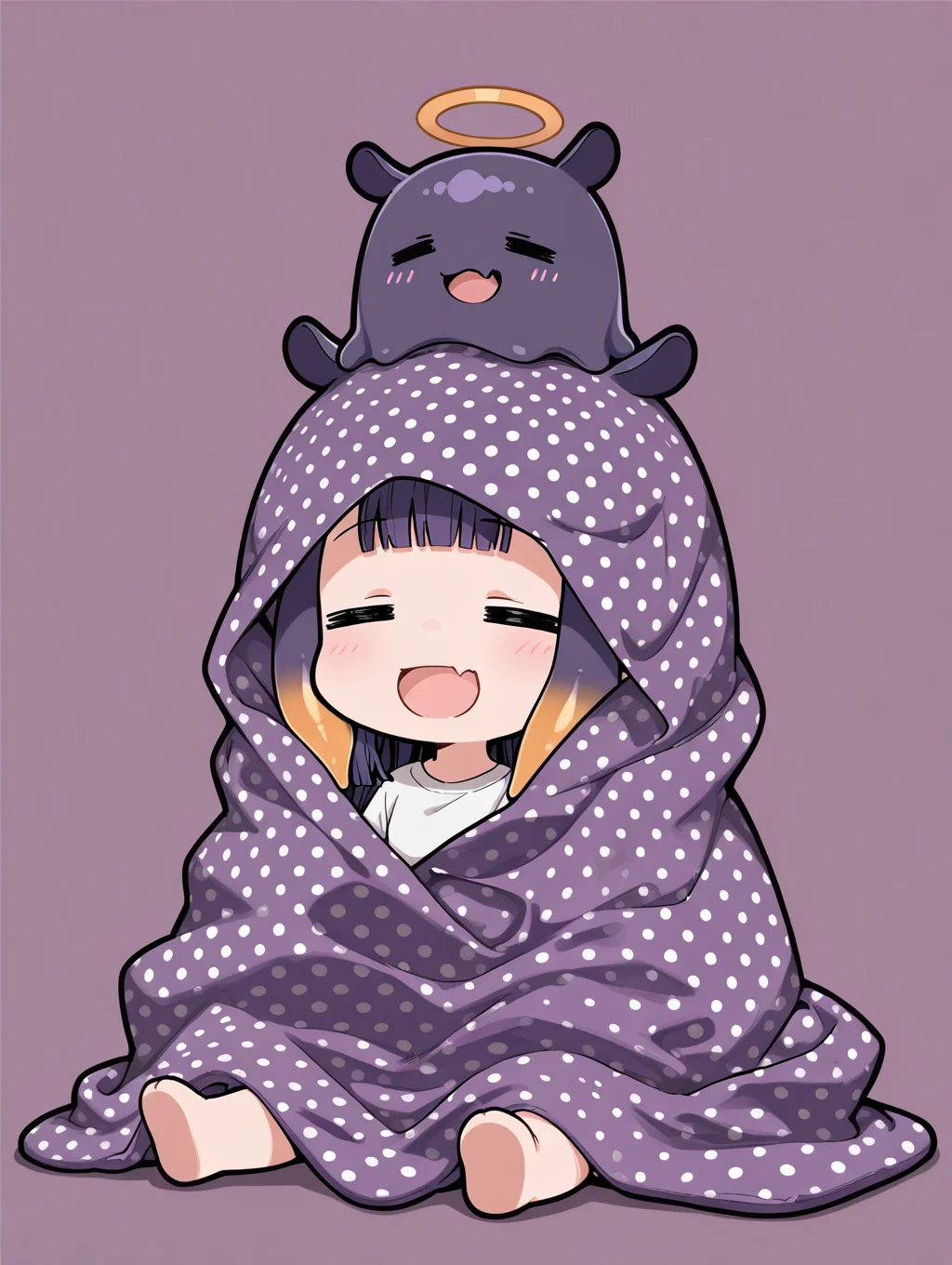 ninomae ina'nis, chibi, =_=, smile, purple blanket, simple background, open mouth, blanket over head, takodachi \(ninomae ina'nis\) on head, sitting, skin fang, white polka dot, relaxing,
,masterpiece,best quality,amazing quality,
