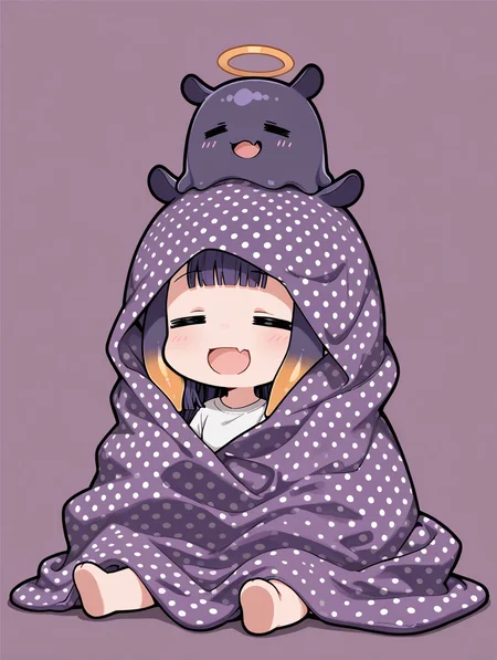 ninomae ina'nis, chibi, =_=, smile, purple blanket, simple background, open mouth, blanket over head, takodachi \(ninomae ina'nis\) on head, sitting, skin fang, white polka dot, relaxing,
,masterpiece,best quality,amazing quality,