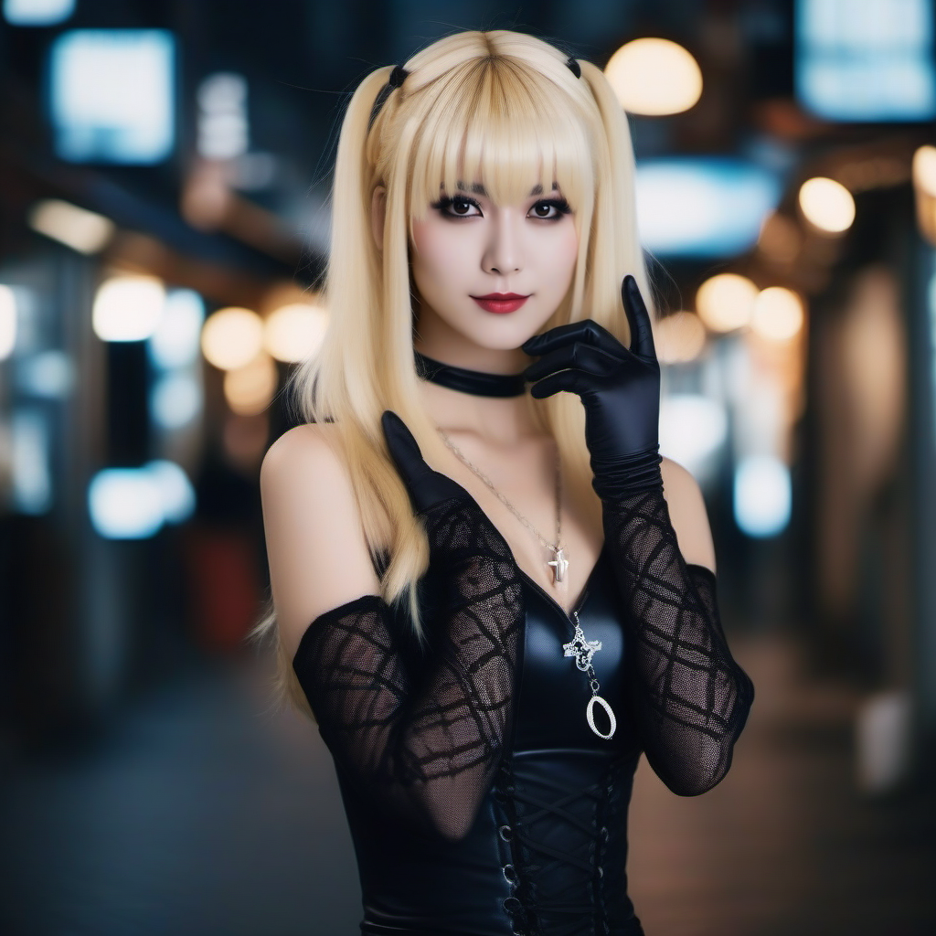cinematic photo Misa1024, a full body blond woman dressed in black, gloves, stocking, cross necklace,  in japan <lora:Misa1024:0.8> . 35mm photograph, film, bokeh, professional, 4k, highly detailed