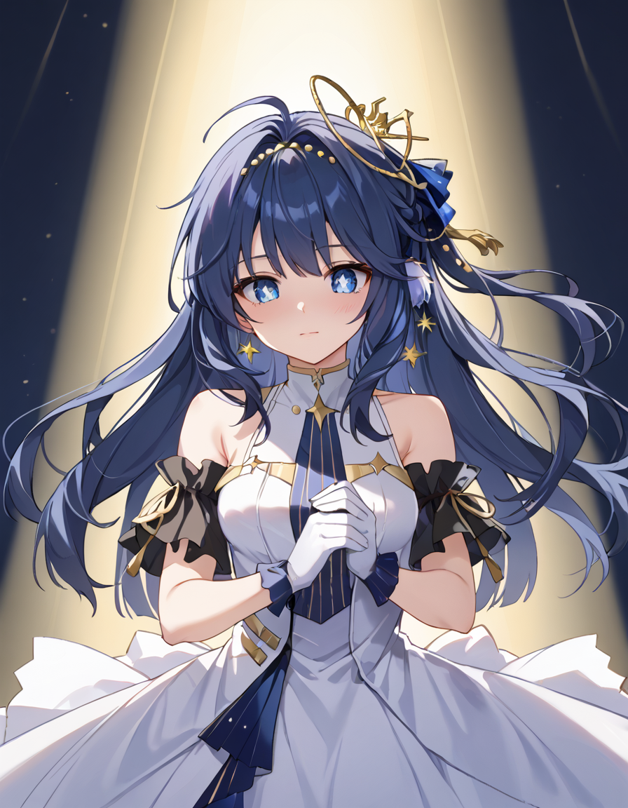 Volumetric Lighting, (masterpiece), (best quality), (ultra-detailed), masterpiece, source_anime, score_9, score_8_up, score_7_up BREAK, light depth, dramatic atmospheric lighting, Volumetric Lighting, Astesia, long hair, blue hair, blue eyes BREAK, Asteidl, idl dress, idl hair ornament, idl detached sleeves, dil gloves,star (symbol) ,hair ornament BREAK, stage,spotlight, show,holding mic,mic,closed mouth,looking down,diamond shaped pupil,upper body