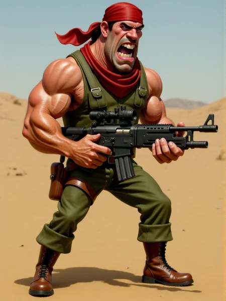 caricature of an animated man with muscular body red scarf on his head, military boots and attire is screaming with a fierce expression while firing a minigun. He's in an action movie scene in a desert <lora:3d_caricature_Strong:0.9>