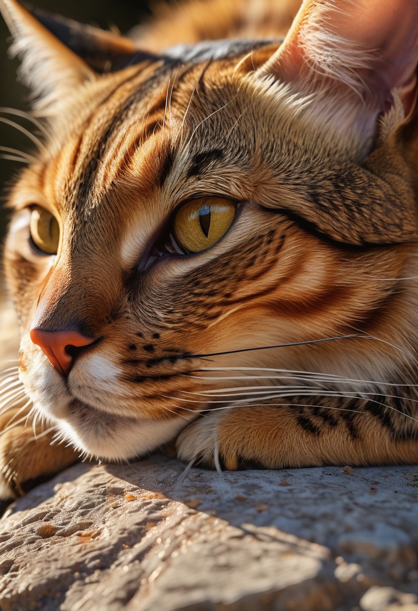 Ultra-realistic graphite and acrylic artwork, Bengal cat in deep slumber — tightly coiled on sun-baked marble ledge, **partially closed eyes with amber highlights**, hyper-detailed fur catching HDR sunlight, cracked breadcrumbs as micro-terrains with yeast-risen textures, Julie Bell’s lighting sculpting **relaxed gaze**, Lee Bogle’s mist blurring distant crumb-canyon, 4K macro on **dreamy eyes** — reflective corneal moisture, breadcrumb fragments as eroded sandstone with pawprint patterns, ‘masterpiece’ contrast: soft fur vs. jagged crumbs, golden-hour rays in **slitted pupils**, marble weathering via cross-hatched graphite, moss-glowing crumbs in paw crevices, chest movement frozen mid-breath — faint whisker tremors, hyper-realistic nose texture: dewy surface with micro-ridges, crumb-abyss with lichen details, ‘best quality’ paw pad textures, crumb-dunes casting forest shadows, **eyes mirroring crumb constellations**, golden backlight defining muscle tension, 8K clarity revealing **sleep-induced fur detailing