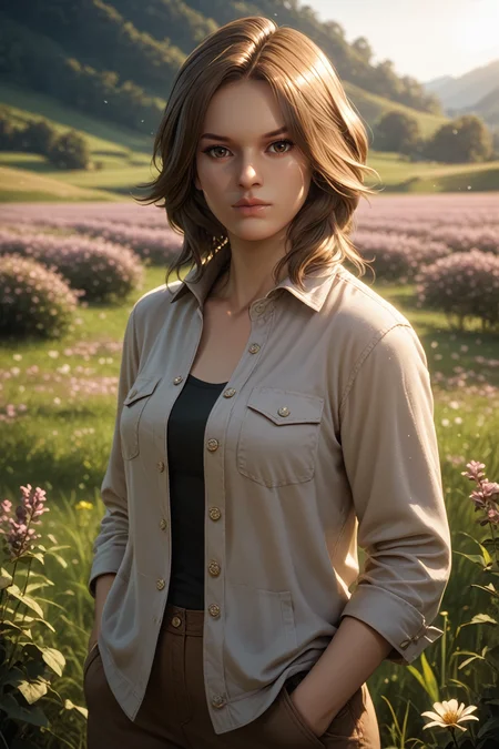 score_9, score_8_up, score_7_up, score_6_up
<lora:RE6Helena:0.8>
RE6Helena, 1girl, brown hair, medium hair, brown eyes, looking at viewer, standing in a field of lavender, hands in pockets, slight breeze blowing hair, warm golden hour sunlight, serene and peaceful mood