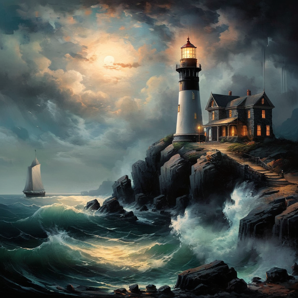 Dark Fantasy Art of  <lora:Dark Art Painting Style:1>
a landscape painting of a lighthouse on a rocky shore dark art painting style, dark, moody, dark fantasy style