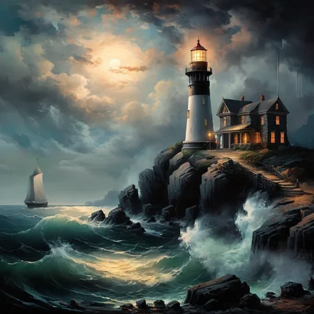 Dark Fantasy Art of  <lora:Dark Art Painting Style:1>
a landscape painting of a lighthouse on a rocky shore dark art painting style, dark, moody, dark fantasy style