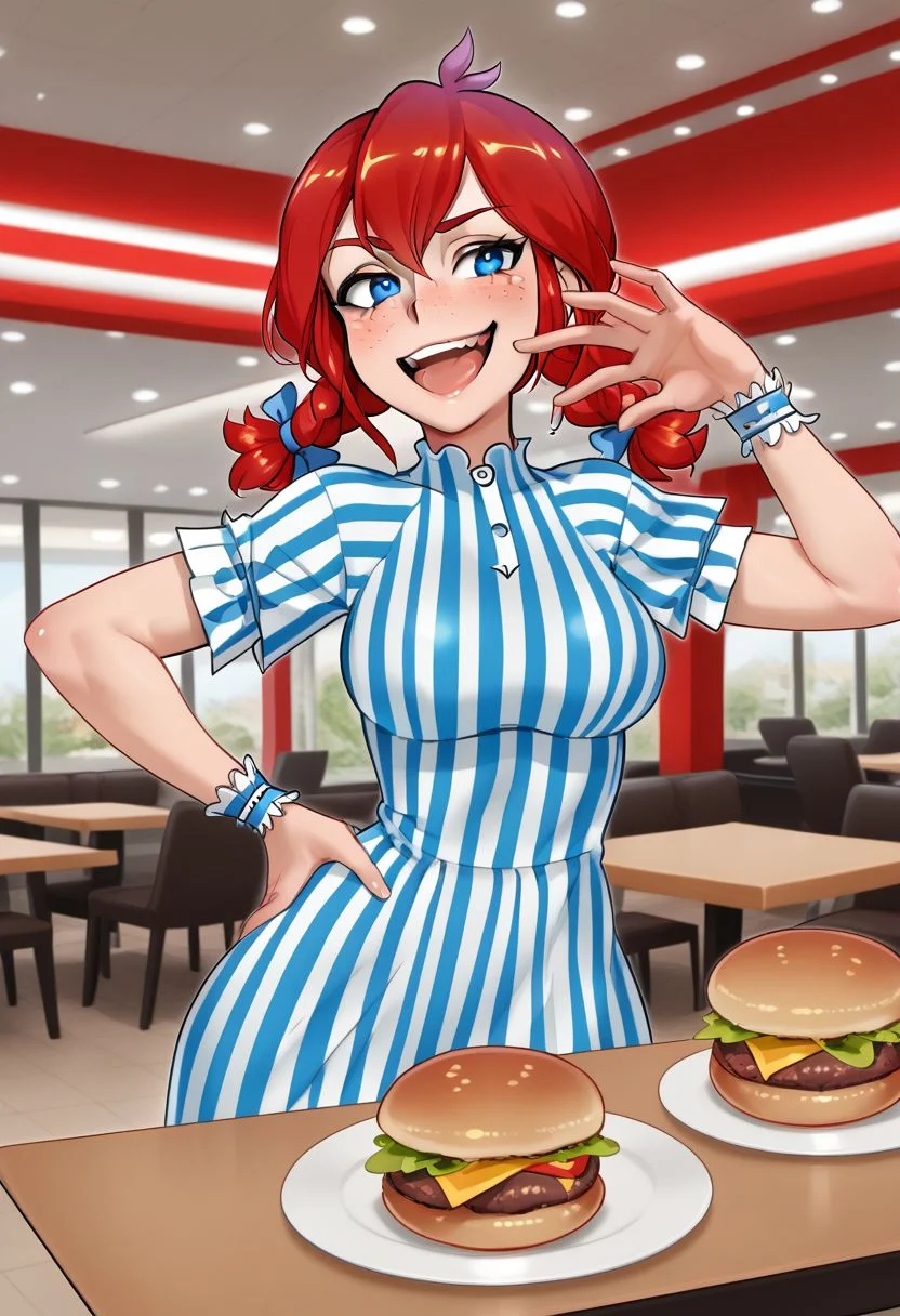 1girl, solo, upper body, vertical striped dress, red hair, freckles, blue eyes, pigtails, wrist cuffs, smug laugh, mouth open, ojou-sama pose, restaurant, burger, table, hand on hip, contrapposto, Wendy \(Wendy's\)