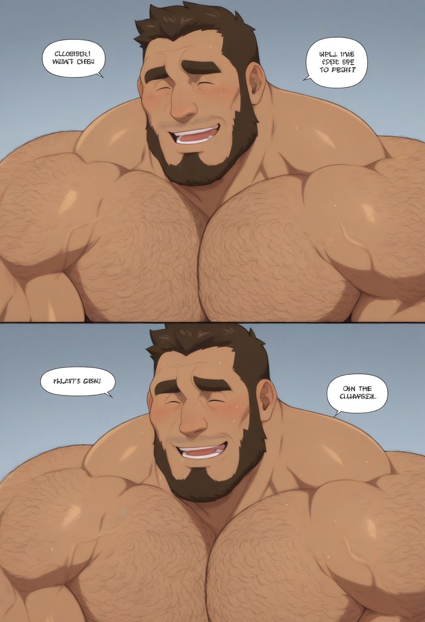 Anime, quality,high quality,masterpiece,extremely detailed, dark skin, best aesthetic, duckchr, duckachar, charcduk, solo, blush, smile, short hair, open mouth, brown hair, 1boy, closed eyes, comic, nude, sweat, speech bubble, english text, muscular, facial hair, thick eyebrows, pectorals, muscular male, bara, beard, close-up, sideburns, mature male, 1koma, wrinkled skin, male focus, hairy chest, bodybuilder hairy body, huge muscles