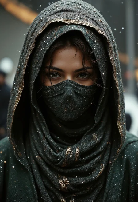 Super Closeup Portrait, heavy snowfall, a petite natural woman with delicate freckles scattered like stardust across her nose. She wears a skintight, dark green Norwegian-patterned wool bodysuit that clings to her form, paired with a wide, deeply shadowed hood that drapes far into her face, shrouding her features in soft mystery. Beneath the hood, a sleek, fully knitted Sci-Fi-inspired wool mask covers her face completely, its intricate yet minimalist texture glowing faintly with embedded threads. Her messy hair bun peeks subtly from beneath the hood, and her warm, inviting presence radiates despite the enigma of her concealed face. The snowstorm swirls around her, flakes catching in the textured fibers of her suit, while a dystopian, misty world looms behind. The scene is illuminated by warm, golden light breaking through the blizzard, creating a sensual interplay of softness and secrecy, captured in stunning detail with a Canon EOS.