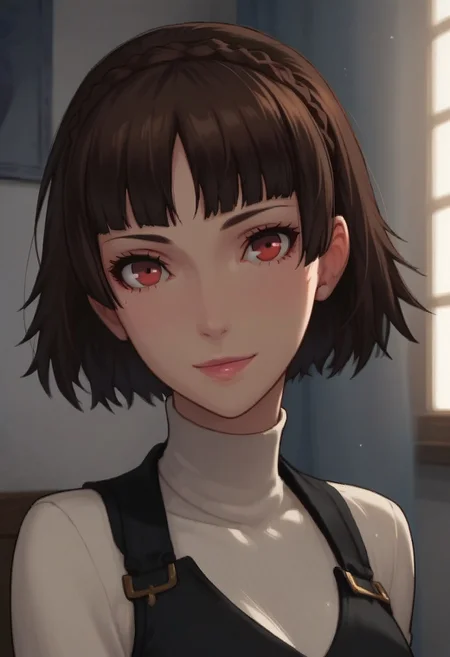 Expressiveh, score_9, score_8_up, score_7_up, score_6_up, score_5_up, score_4_up, 1girl, p5makoto, niijima makoto, brown hair, blunt bangs, crown braid, red eyes,, student council room, pose, sexy, smile, shy, looking at viewer, closeup, p5makoto-winuni, turtleneck, long sleeves, black vest, pleated skirt, plaid skirt, pantyhose, dynamic lighting, breast focus, small breasts,