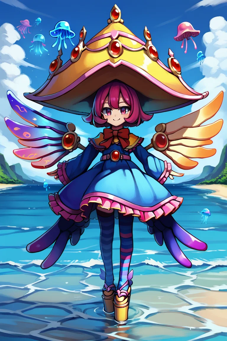 score_9, score_8_up, score_7_up, source anime, <lora:Sae:0.90> , saebase, saedef, 1girl, pink hair, short hair, pink eyes, (asymmetrical wings, mismatched wings), (wings), two wings, huge hat, (crown hat), yellow capelet, pendant, gem, red gem, red bowtie, dress, blue dress, frilled dress, layered dress, striped, horizontal-striped thighhighs, striped thighhighs, pantyhose, wide sleeves, long sleeves, frilled sleeves, pink belt, purple ribbons, platform footwear, arms at sides, smile, looking at viewer, full body, solo, BREAK,
outdoors, exterior, day, ocean, overlook, scenery, jellyfish, floating jellyfish, <lora:backgroundsetXL:0.2> , background,
