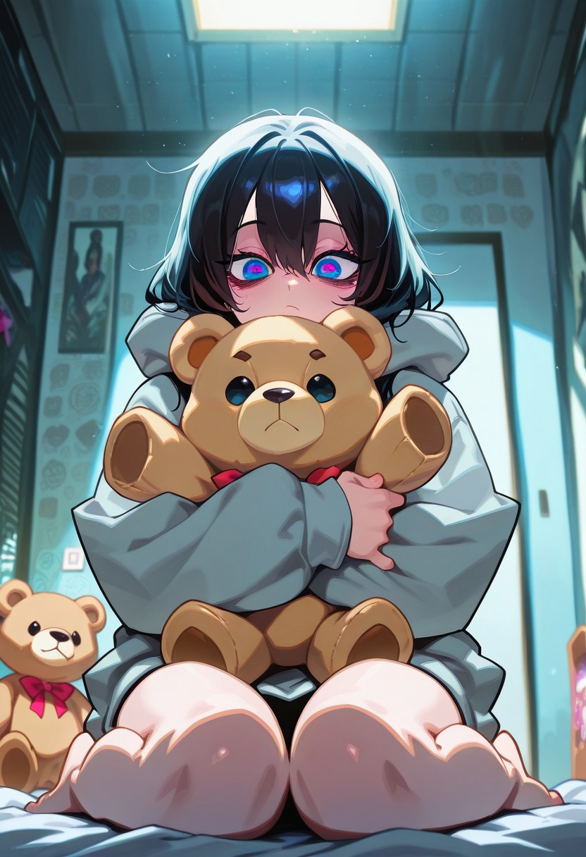 Mevak_PS, masterpiece, best quality, amazing quality, very aesthetic, high resolution, ultra-detailed, extremely detailed eyes, detailed face, absurdres, newest, best illumination, depth of field, complex background, detailed background, 1girl, hugging teddy bear, wariza, in room, sunlight, stuffed toy, hoodie