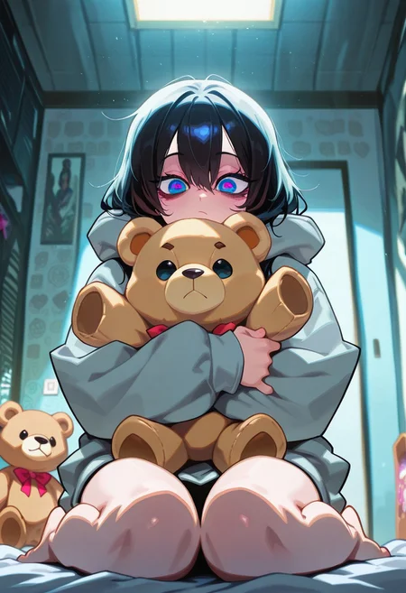 Mevak_PS, masterpiece, best quality, amazing quality, very aesthetic, high resolution, ultra-detailed, extremely detailed eyes, detailed face, absurdres, newest, best illumination, depth of field, complex background, detailed background, 1girl, hugging teddy bear, wariza, in room, sunlight, stuffed toy, hoodie