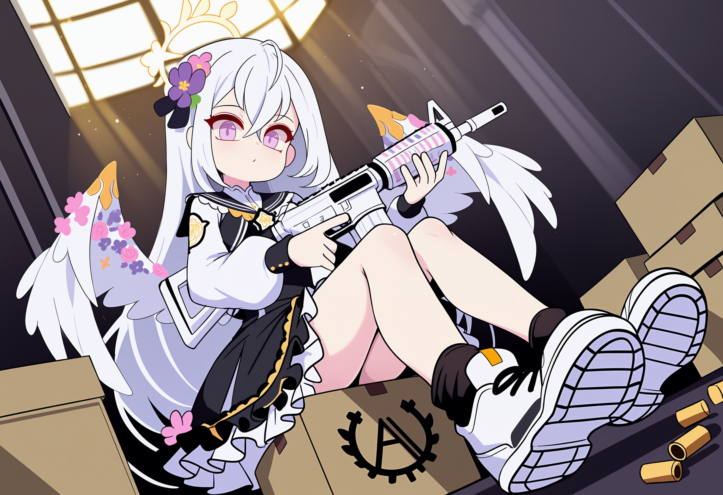 azusa \(blue archive\), 1girl, solo, long hair, looking at viewer, skirt, long sleeves, hair ornament, dress, holding, hair between eyes, jacket, school uniform, purple eyes, full body, white hair, flower, weapon, frills, wings, socks, hair flower, pink eyes, holding weapon, black dress, halo, gun, white footwear, frilled dress, black socks, frilled skirt, holding gun, feathered wings, rifle, angel wings, white wings, assault rifle, m4 carbine, abstract background, sitting, box stack, shell casing, slugbox, juubako, arsenal, Arms box, full body, cinematic angle, dutch angle, Sitting on the arms box, foreshortening, from_below,shoes_focus,light rays,  <lora:None:1.0000000000000002> <lora:Sseopik_OMO:1.0000000000000002>