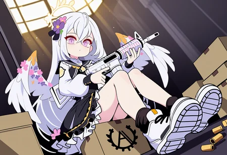 azusa \(blue archive\), 1girl, solo, long hair, looking at viewer, skirt, long sleeves, hair ornament, dress, holding, hair between eyes, jacket, school uniform, purple eyes, full body, white hair, flower, weapon, frills, wings, socks, hair flower, pink eyes, holding weapon, black dress, halo, gun, white footwear, frilled dress, black socks, frilled skirt, holding gun, feathered wings, rifle, angel wings, white wings, assault rifle, m4 carbine, abstract background, sitting, box stack, shell casing, slugbox, juubako, arsenal, Arms box, full body, cinematic angle, dutch angle, Sitting on the arms box, foreshortening, from_below,shoes_focus,light rays,  <lora:None:1.0000000000000002> <lora:Sseopik_OMO:1.0000000000000002>