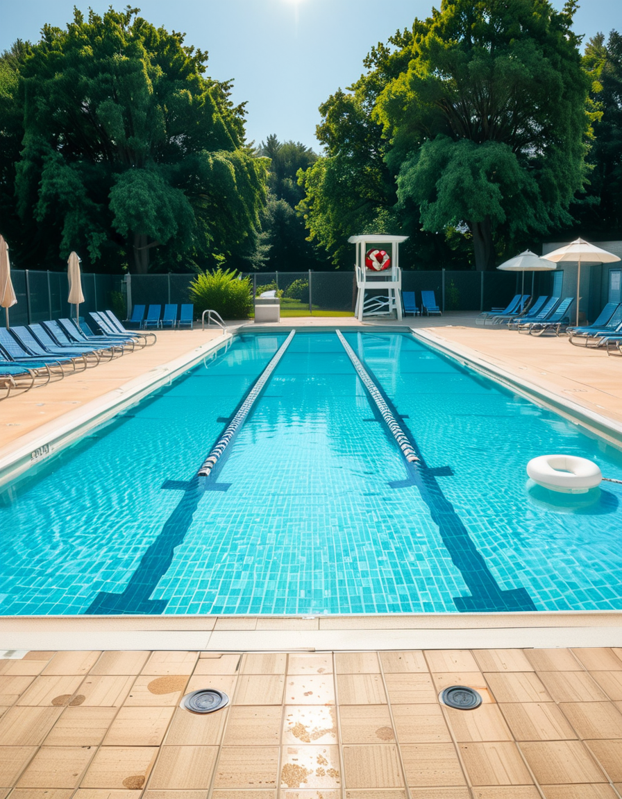 A large public swimming pool on a sunny day, completely empty of people. The clear blue water is still, reflecting the bright sky. Sunlight creates shimmering patterns on the tiled pool floor. The pool deck is lined with neatly arranged lounge chairs and colorful umbrellas. A lifeguard chair stands vacant at the poolside. Surrounding the area, lush green trees and well-maintained landscaping add a sense of tranquility. The atmosphere is calm and serene, with no movement except for the gentle ripples in the water.
<lora:SDXLFaeTastic2400:0.4> <lora:extremely_detailed:0.4> extremely detailed, <lora:public_swimming_p00l:1>,public swimming p00l, Masterpiece,best quality,hi res,8k,hi res,8k,award winning,(sharp focus, intricate, highly detailed),