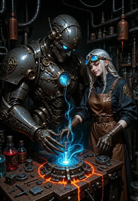 An1meL1nes, In a dimly lit workshop filled with gears, tools, and glowing vials, a female artificer leans over her latest creation, her eyes gleaming with ingenuity. Her leather apron is covered in scorch marks, and her gloved hands deftly assemble a mechanical construct, its core glowing with magical energy. Her braided hair is pinned with tiny tools, and a pair of intricate goggles rest on her forehead, their lenses flickering with faint blue light. Around her wrists, intricate gauntlets hum with power, each one etched with alchemical runes. Beside her stands a towering steel golem, its chest plate marked with her sigil, awaiting her command. Sparks fly and steam hisses as she activates the machine, her laughter echoing through the workshop as the hum of magic and machinery intertwine. <lora:FluxMythAn1meL1nes:1>