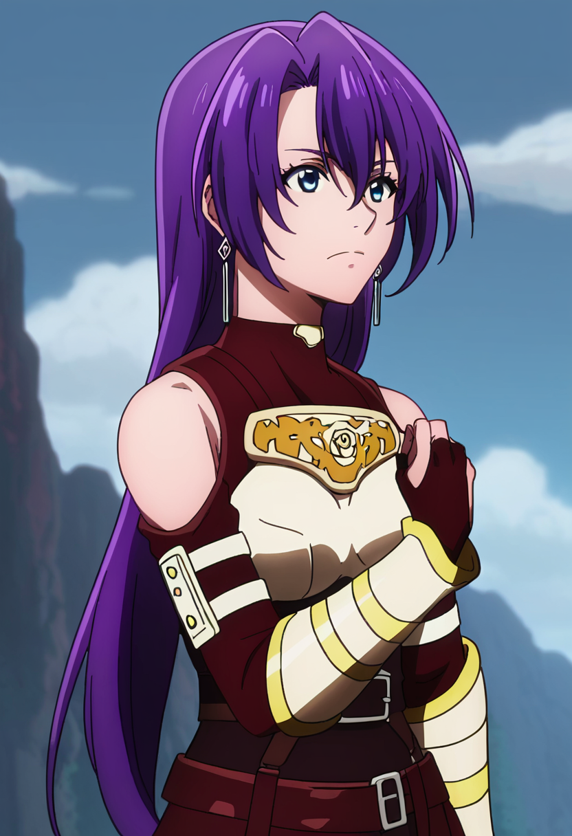 score_9,  <lora:Arthur_Pencilgon:1> arthur pencilgon, 1girl, armor, arthur pencilgon, bare shoulders, blue eyes, closed mouth, earrings, fingerless gloves, gloves, hair between eyes, long hair, portrait, purple hair, solo