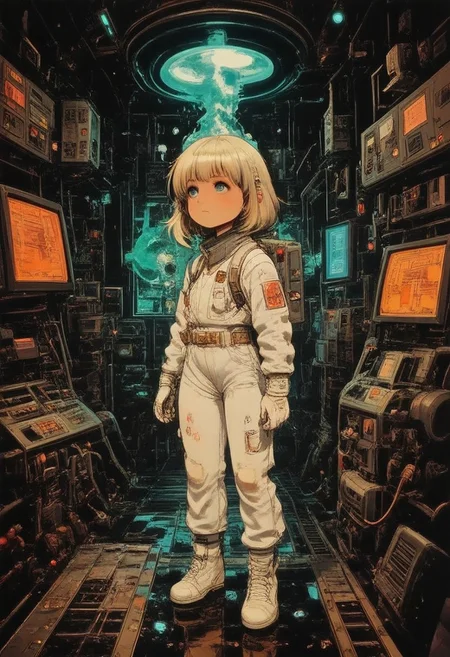 a small girl inside a huge reactor room, sci-fi, complex mechanical machines, wearing sci-fi coveralls, ominous, dark, high contrast shadows, best quality, masterwork, perfect shading, vivid colors, reflections, deep shadows, dynamic composition, long shot, very detailed body, full body image, white colored clothing, oil, wet ground, grates, reactor,