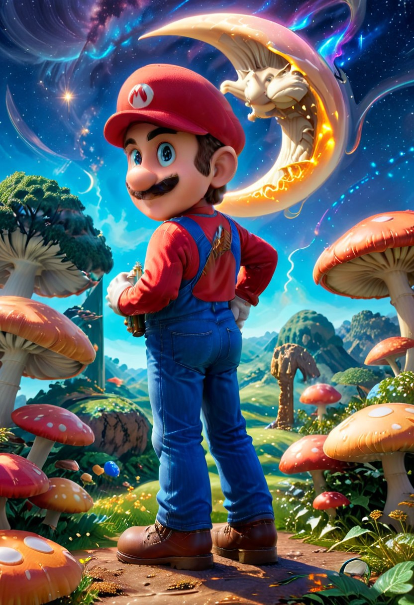 Super mario style {mario eating a bioluminescent glowing mushroom, night time, starry sky, crescent moon}, vibrant, cute, 3d anime, fantasy, reminiscent of Super Mario series, highly detailed, vibes, vibrant, stunningly beautiful, crisp, detailed,  cinematic, ultra detailed, intricate, professional, full color, solo, cowboy shot, solo, short hair, brown hair, blue eyes, metallic chrome skin, metal clothes, metal mario,