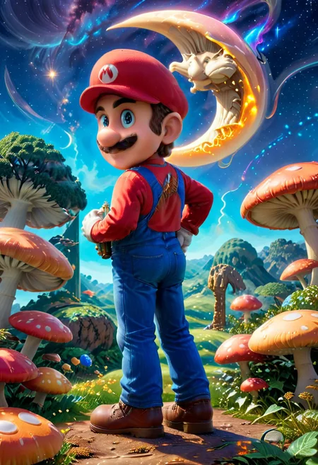 Super mario style {mario eating a bioluminescent glowing mushroom, night time, starry sky, crescent moon}, vibrant, cute, 3d anime, fantasy, reminiscent of Super Mario series, highly detailed, vibes, vibrant, stunningly beautiful, crisp, detailed,  cinematic, ultra detailed, intricate, professional, full color, solo, cowboy shot, solo, short hair, brown hair, blue eyes, metallic chrome skin, metal clothes, metal mario,