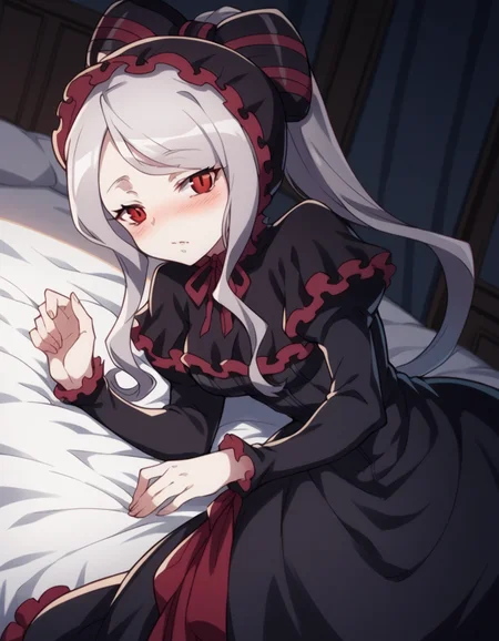 score_9, score_8_up, score_7_up, source_anime,
shalltear, <lora:shalltear-bloodfallen-s1s2-ponyxl-lora-nochekaiser:1>,
shalltear, grey hair, long hair, red eyes, silver hair,
black dress, bonnet, bow, dress, frilled dress, frills, large bow, long sleeves, vampire,
indoors, bed, bed room, on side, blush, drunk,
looking at viewer, cowboy shot, solo, dutch angle,