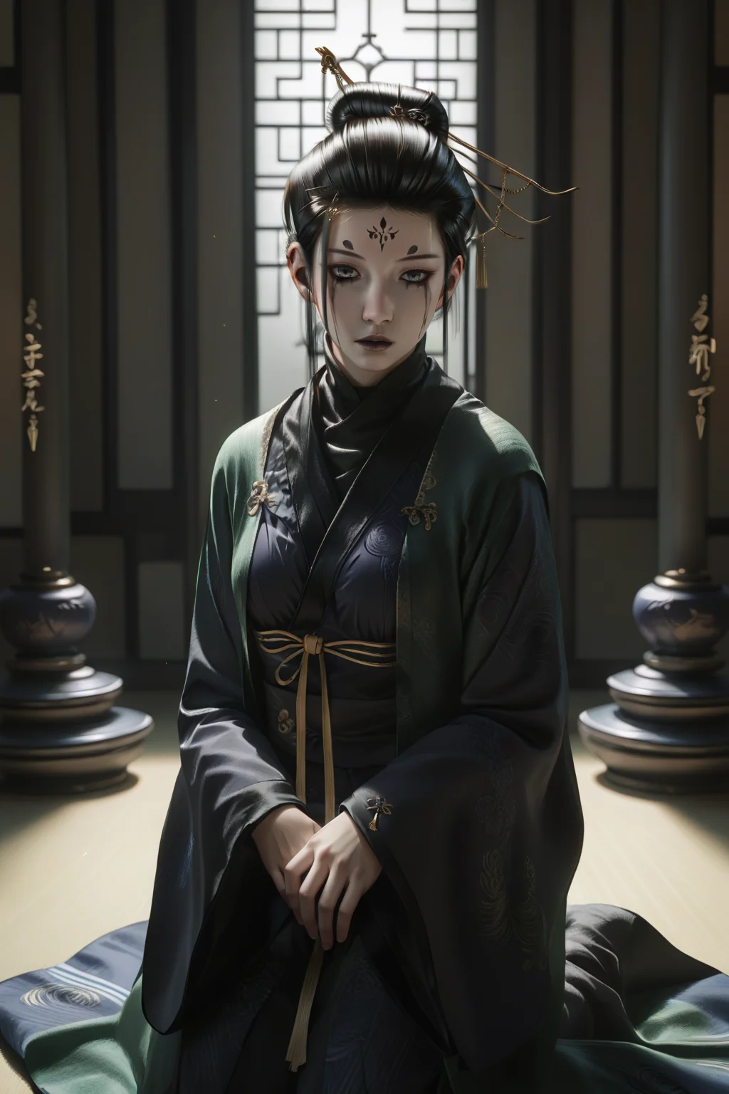 score_9, score_8_up, score_7_up, 1girl, prefect lighting, very aesthetic, intricate details, highly detailed background, masterpiece, high quality, prefect hands, best quality, solo, source_anime,
<lora:Spider_Spirit_Fourth_Sister_Black_Myth_Wukong_V1:.85>, KJOfourth, black hair, forehead mark, grey eyes, runny makeup, black lips, hair bun, hair pin,
hanfu, long sleeves, wide sleeves, 
kneeling, hands between legs, wariza, expressionless, parted lips, 
east asian architecture, indoors, 
(Beautiful, medium Breasts:1.2), natural breasts,