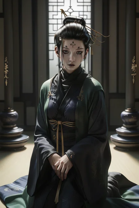 score_9, score_8_up, score_7_up, 1girl, prefect lighting, very aesthetic, intricate details, highly detailed background, masterpiece, high quality, prefect hands, best quality, solo, source_anime,
<lora:Spider_Spirit_Fourth_Sister_Black_Myth_Wukong_V1:.85>, KJOfourth, black hair, forehead mark, grey eyes, runny makeup, black lips, hair bun, hair pin,
hanfu, long sleeves, wide sleeves,
kneeling, hands between legs, wariza, expressionless, parted lips,
east asian architecture, indoors,
(Beautiful, medium Breasts:1.2), natural breasts,