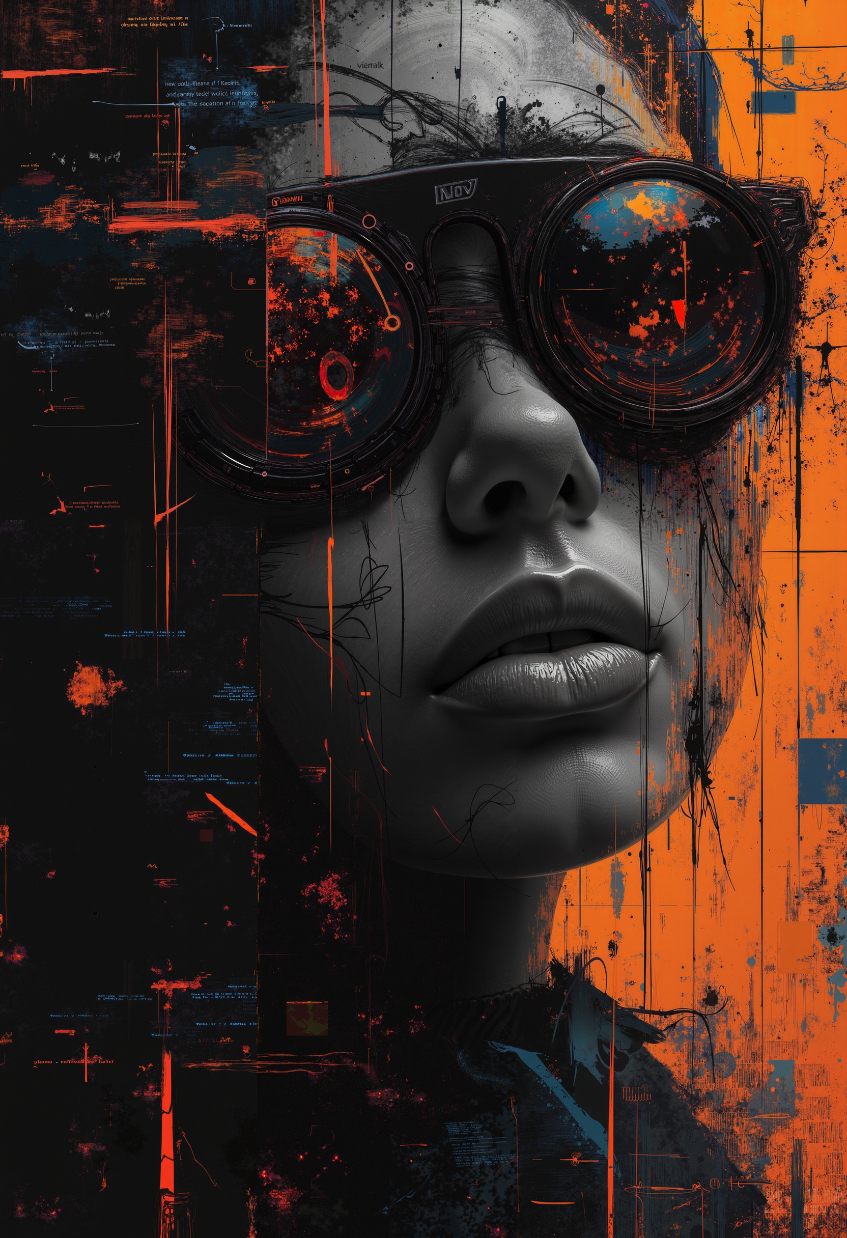 partially blended with abstract digital elements. The scene has a dark, moody ambiance. The background features layers of glitch art, fragmented texts, and metallic textures. contrasting against the monochromatic tones of black, grey, and hints of blue. Smudged paint and scratches add a sense of decay and technology, aidmaMJ6.1, bo-abyss, a digital painting in a vibrant, abstract style, it features a close-up portrait of a human face with a sleek, minimalist design, the subject's expression is neutral, with a slight hint of seriousness, and their lips are full and slightly parted, the background is a mix of black and orange hues, creating a chaotic yet striking contrast, the central focus is on a pair of large, round, reflective sunglasses that reflect the light, giving them a futuristic, cybernetic appearance, the sunglasses are black with a glossy, reflective surface, and the lenses are reflecting a warm, glowing red light, adding a sense of intensity and contrast to the otherwise monochromatic image, the texture of the painting is rough and textured, with visible brushstrokes and splashes of orange and black, enhancing the sense of depth and realism, the overall composition is dynamic, with the subject occupying the center of the frame, surrounded by a chaotic, abstract background that transitions from black to orange, with some areas appearing darker and more muted, adding depth and texture to the scene, the artwork is highly polished, with meticulous attention to detail, making it a captivating and immersive piece of art<lora:Flux\aidmaMJ6.1-FLUX-v0.4.safetensors:0.8:0.8> <lora:Flux\boFLUX digital-abyss.safetensors:1.0:1.0>