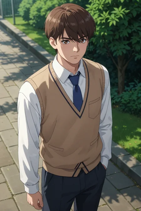 score_9, score_8_up, score_7_up,score_6_up,score_5_up,score_4_up,source_anime,BREAK, rating_safe, intricate details , , , anime screencap, anime coloring, official style, depth of field,1boy, solo, male focus , , , <lora:LeeJoon:0.70>,lee joon,brown eyes,brown hair,short hair,hair between eyes,bangs,shirt, long sleeves, closed mouth, standing,looking at you,school uniform,expressionless, white shirt, necktie, collared shirt,waving, pants,black pants,blue necktie, sweater vest,hall,outdoors,from above,look up , , , <lora:sdxl_lightning_8step_lora_315544:1>
