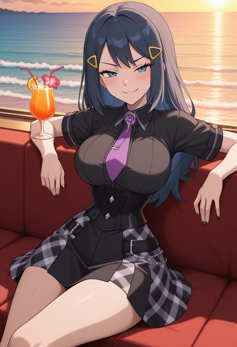 masterpiece, best quality, amazing quality, very aesthetic, high resolution, ultra-detailed, 4k, detailed, absurdres, newest, scenery, cartoon, parody, dawnpokemon, black hair, blue eyes, sidelocks, long hair, mature female, anime screencap, 1girl, solo, smug, half closed eyes, smirk, smile, black shirt, short sleeves, purple necktie, tie clip, black skirt, plaid skirt, black corset, hairclip, black nails, black ribbon, sheer beach wrap, reclining on a yacht, tropical drink, ocean waves, warm sunlight, carefree expression, looking at viewer,(big breasts, skinny body, narrow waist,  wide hips), bimbofusion artstyle