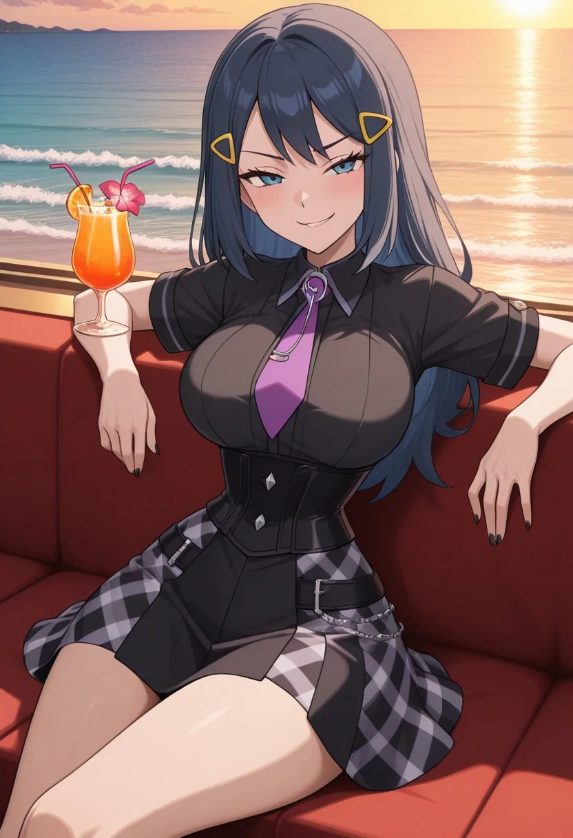 masterpiece, best quality, amazing quality, very aesthetic, high resolution, ultra-detailed, 4k, detailed, absurdres, newest, scenery, cartoon, parody, dawnpokemon, black hair, blue eyes, sidelocks, long hair, mature female, anime screencap, 1girl, solo, smug, half closed eyes, smirk, smile, black shirt, short sleeves, purple necktie, tie clip, black skirt, plaid skirt, black corset, hairclip, black nails, black ribbon, sheer beach wrap, reclining on a yacht, tropical drink, ocean waves, warm sunlight, carefree expression, looking at viewer,(big breasts, skinny body, narrow waist, wide hips), bimbofusion artstyle