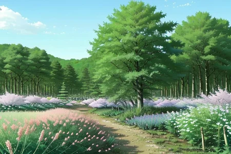 An egoztic forest made of large flowering asparagus trees