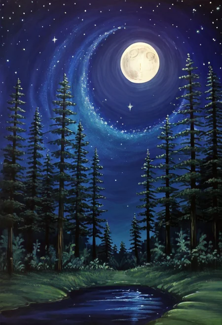 <lora:StylizedNightscape_IXL:1.0>, N1ght, sky, tree, moon, star (sky), nature, full moon, forest, starry sky, moonlight