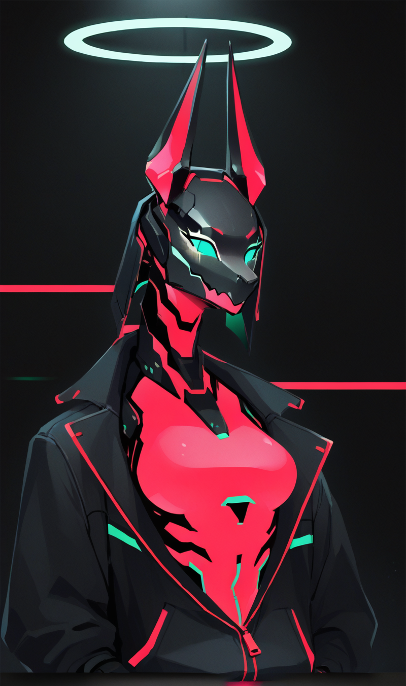 Score_9, score_8_up, score_7_up, score_6_up,  source_anime, 1girl, solo, upper body, black backdrop, robot girl,  neon trim, glowing red bodysuit, halftones, medium breasts, halo, glowing teal eyes, jackal ears, black jacket,   dragon head, <lora:HORiZON_DOLLS_by_EchanisEnicha-000010:1>, BREAK,