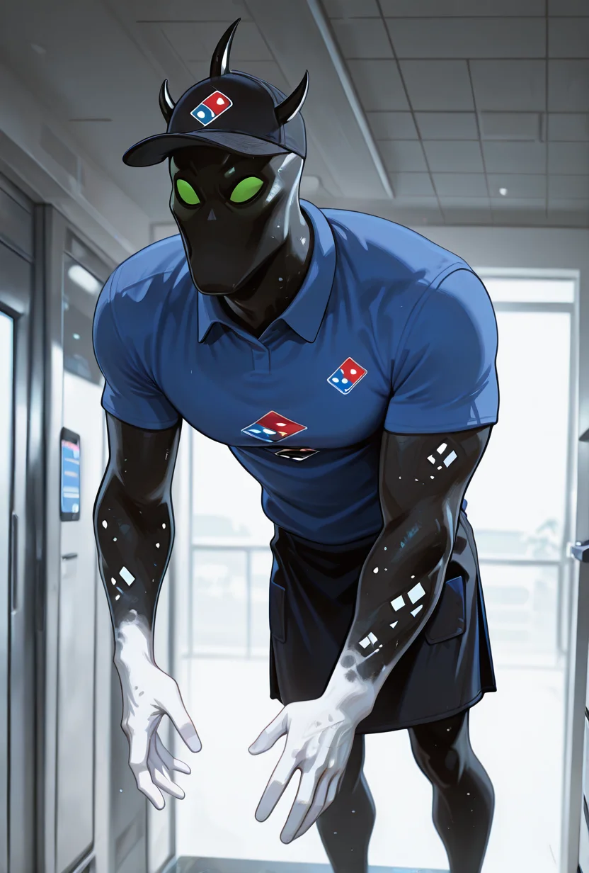 <lora:alienx-09:1> alienx, 1boy, green eyes, horns, matte black skin, dynamic pose, white hands, wide face, white spots on body, <lora:ADominosXL_concept:1> Dominos Uniform, , , employee uniform, black headwear, blue shirt, collared shirt, short sleeves, black skirt, masterpiece, best quality, amazing quality, very aesthetic, absurdres, newest,