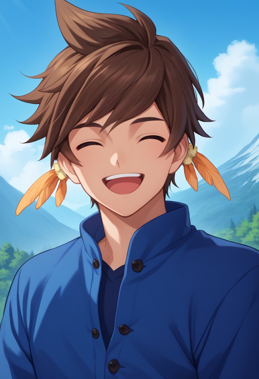 score_9, score_7_up, source_anime
sorey, 1boy, male focus, solo,closed eyes, brown hair, short hair, jewelry, earrings, feathers, feather earrings, shirt, blue shirt, portraits, open mouth, smile, happy
outdoor, nature, mountains, sky,